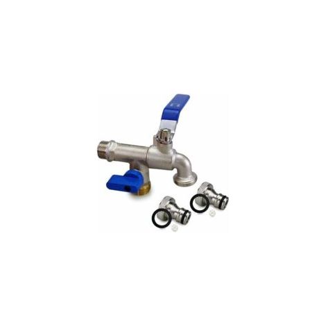 Hochwertiger Doppelwasserhahn aus Messing, rost- und frostbeständig + 2 kostenlose Schlauchanschlüsse + E-Book für Garten, Waschmaschine und Regentonne – Crezuo