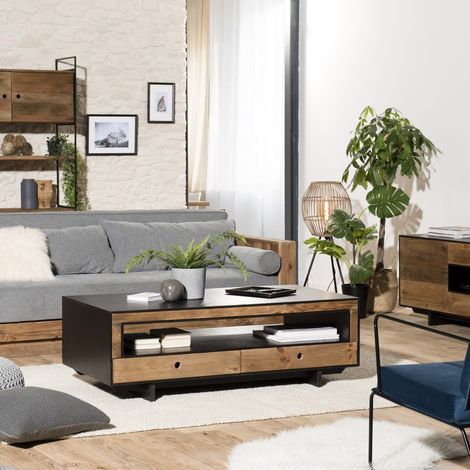 DANDY - Table basse 4 tiroirs 1 niche bois Pin recyclé naturel et noir (1/5)