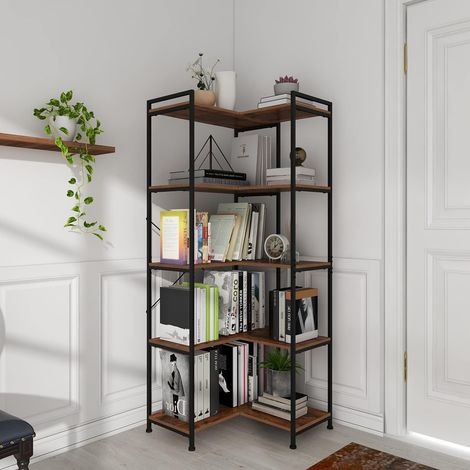 Bibliothèque d'angle à 5 étagères - Grande étagère d'angle à 5 niveaux - Étagère d'angle moderne avec cadre en métal - Étagères ouvertes pour salon, chambre à coucher, bureau, style (1/5)