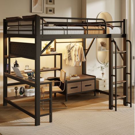 Letto a soppalco 140x200 cm con scrivania, luci LED, USB, cassetti in tessuto, MDF e metallo nero (1/5)
