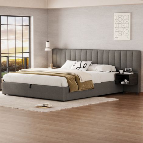 Cama almacenaje 180x200cm somier de listones de madera color gris lino apta para niños adolescentes y adultos (Sin Colchón) (1/5)
