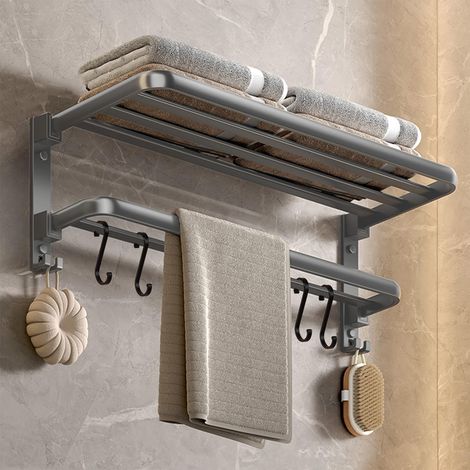 1 Porte-Serviettes Aluminium, 2 Barres, 2 Crochets, Pliable 90°, Gris Mat, Salle de Bain