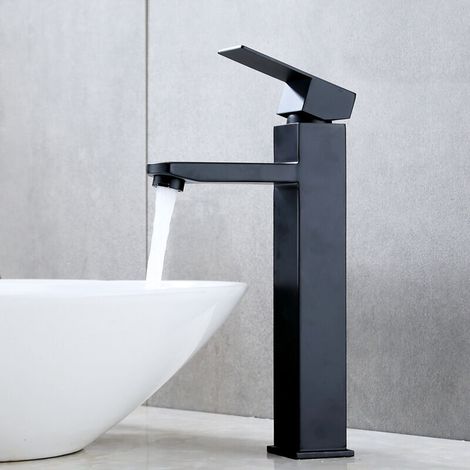 Rubinetto miscelatore monoforo nero a bocca alta per lavabo, con maniglia in rame, miscelatore per acqua calda e fredda per bagno. (1/4)