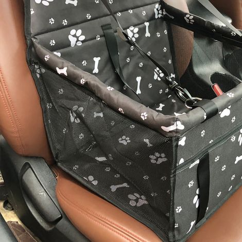 Siège rehausseur de voiture pour animaux de compagnie, respirant, lavable, facile à monter et portable, pour chiens et chats. Motif empreintes d'os noirs. Barre de soutien renforcée. (1/5)