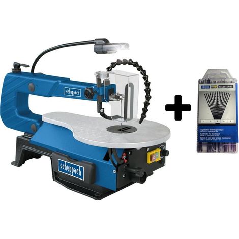 Scheppach – Scie à chantourner 120W pour bois et métal – Vitesse variable 500-1700 rpm – Hauteur de coupe 57 mm – Kit 60 lames inclus