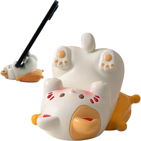 Support de téléphone de bureau en forme de chat de dessin animé, support de téléphone en forme de chat mignon avec arête de poisson, statue d'animal de bureau pour tablette (jaune). (1/5)