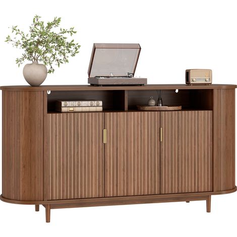 Credenza sideboard 3 ante effetto noce 140x40x78 cm in MDF e PB con piedi in pino (1/4)