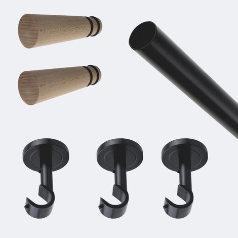Kit de tringle à rideaux Noir Mat 250cm Diam.20mm Embout Cône Bois - Fixation Plafond - Boulet (1/3)