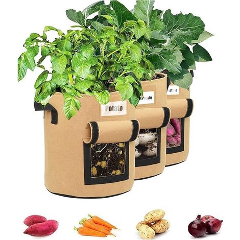 3Pcs Sac de Plantation de Pomme de Terre,14 Gallons Sac de Plantation de Jardin en Non-tissés,Sac Pomme de Terre avec la fenêtre et la Poignée,Grand Sac Potager pour des Fraises,des tomates,des légume (1/5)
