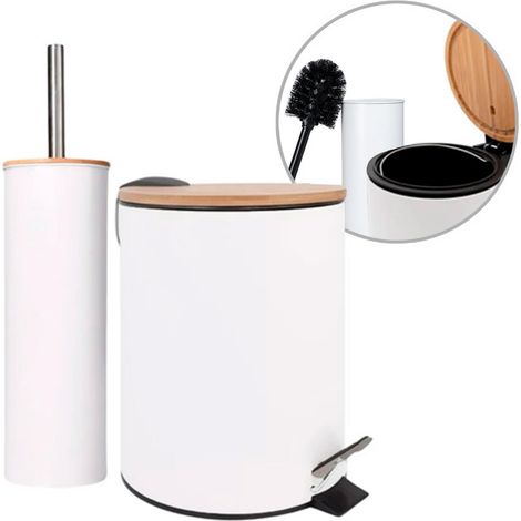 Set Poubelle et Porte-Brosse WC - Ø168 x 230 mm - Acier et Bambou - Couleur Blanche - Ensemble de Salle de Bain Compact et Coordonné - pour Espaces Modernes et Naturels (1/5)