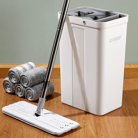 Serpillère plate et seau avec essoreur, avec 5 lingettes en microfibre, utilisation humide et sèche, pour parquet, stratifié, carrelage (1/5)