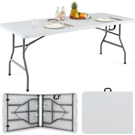 COSTWAY Tavolo da Pranzo Pieghevole 180 cm, Tavolo Campeggio in Plastica con Maniglia, Gambe in Metallo e Piedini Antiscivolo, per Picnic, Campeggio, Giardino, Portata 180 kg (1/5)