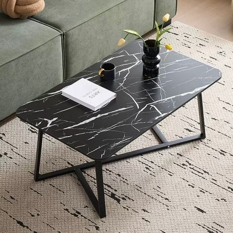 TRADE SHOP - Tavolino Rettangolare Basso Con Piano Effetto Marmo Gambe Incrociate Per Soggiorno Salotto - Nero