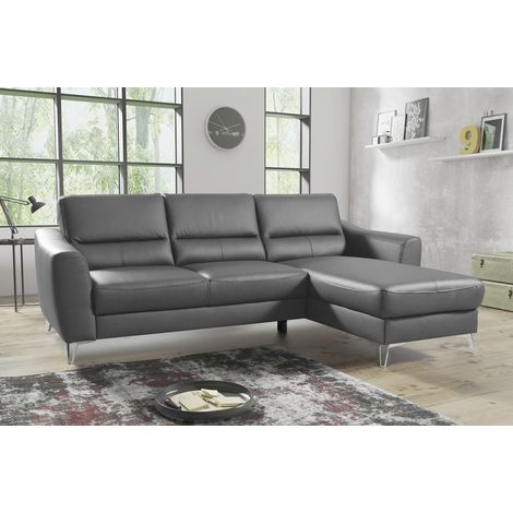 Canapé d'angle convertible en cuir italien de luxe 5 places SANTORIN, avec coffre, gris clair, angle droit