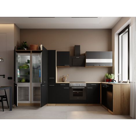 L Küche Einbau Winkelküche Eiche Schwarz Merle 370 cm French Door Optik Respekta