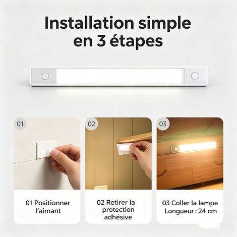 Lampe LED à détecteur de mouvement 24 cm, 3 températures de couleur réglables, éclairage automatique pour placard, couloir, cuisine - Blanc (1/5)