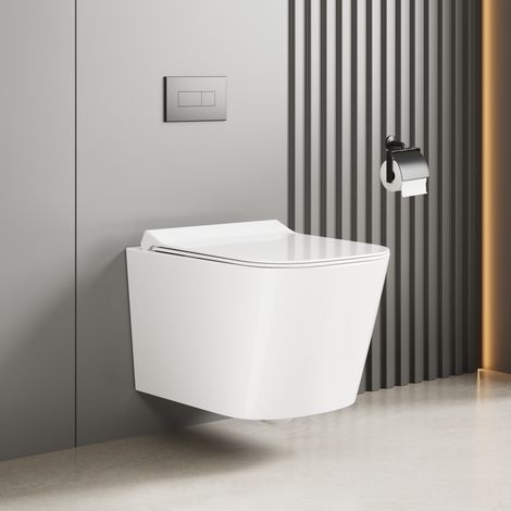 Toilette Suspendu sans Rebord, Blanc, avec Siège WC Amovible en , Softclose Abaissement Automatique, WC Moderne Salle de Bain (1/5)