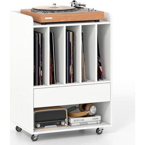 Pour Passionnés de Musique Meuble Tourne-Disque Mobile sur Roulettes 5 Casiers Vinyles Blanc (1/5)