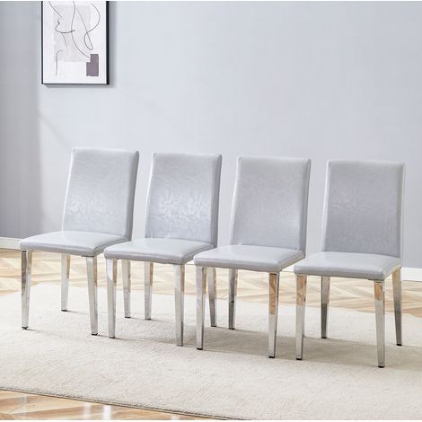 Lote de 4 sillas de comedor en polipiel y metal con respaldo, estilo moderno, gris claro y plateado (1/5)