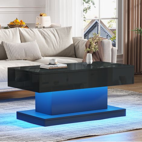 Tavolino da caffè 100x50x45 cm nero in truciolare lucido con 2 cassetti e LED (1/5)