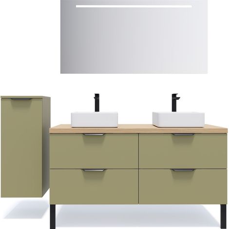 Meuble de salle de bain suspendu 2 vasques à poser 140cm 4 tiroirs Vert olive + miroir + colonne ouverture gauche - Soho (1/5)