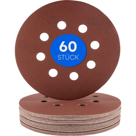 Lot de 60 disques abrasifs professionnels 8 trous Ø 125 mm / 10 x grain 40-60 - 80-120 - 180-240 / pour ponceuse excentrique / feuilles abrasives / papier abrasif / disques abrasifs (1/5)