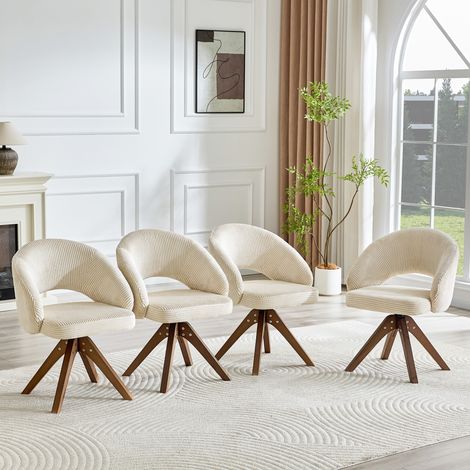 Lot de 2 chaises pivotantes rétro. Tissu blanc à structure à rayures verticales avec pieds en bois massif couleur noyer, rotation silencieuse à 360° et dossier incurvé. Convient à la salle à manger et (1/5)