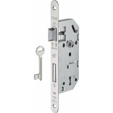 Serrure encastrable Monomax NF à clé pour porte de chambre – Axe 40mm – Pêne en acier galvanisé – Têtière inox – 1 clé fournie (1/4)
