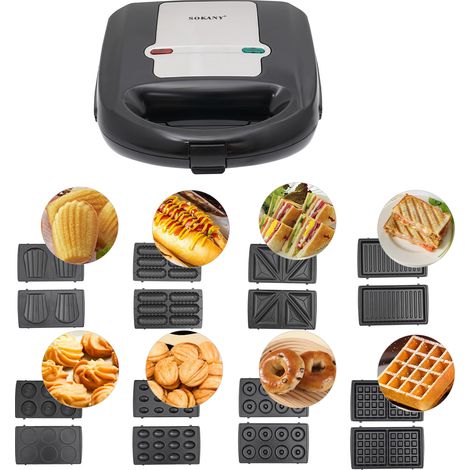 8-IN-1 Multifonctionnesgerät 750W [ Sandwichmaker, fer à gaufres, grill à contact, bouilloire, hot dog, noix, biscuits, gâteau Madeline ] 8 plaques anti-adhésion, nettoyage facile