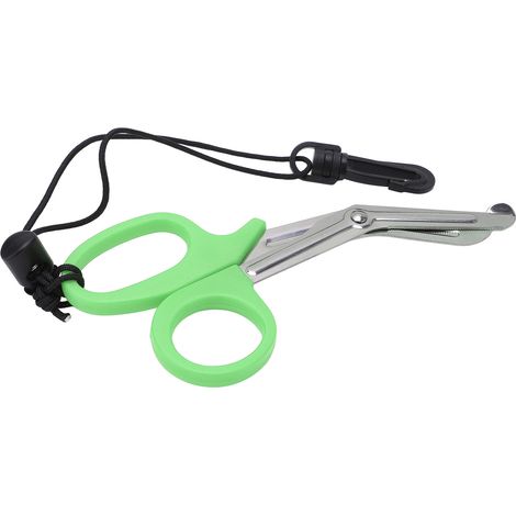 Paire de ciseaux de plongée sous-marine en acier inoxydable, vert, avec cordon et boucle de sécurité (1/5)