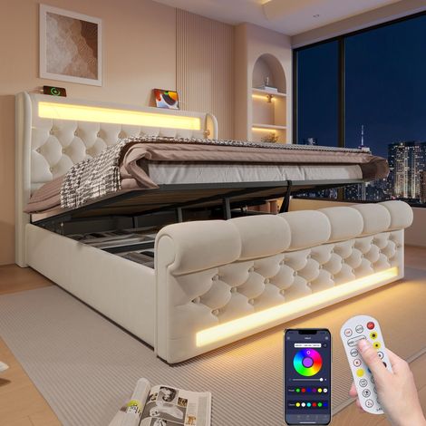 Lit 160x200 avec Sommier LED et USB C, Lit Coffre 160x200 avec Rangement et Tete, Double avec à Lattes 2 Personnes, Rembourré Cadre de(sans Matelas) (1/5)