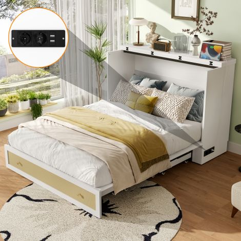 Lit escamotable 140x200 cm, lit adulte avec tiroirs au pied du lit, portes USB et électrique, sans matelas, blanc