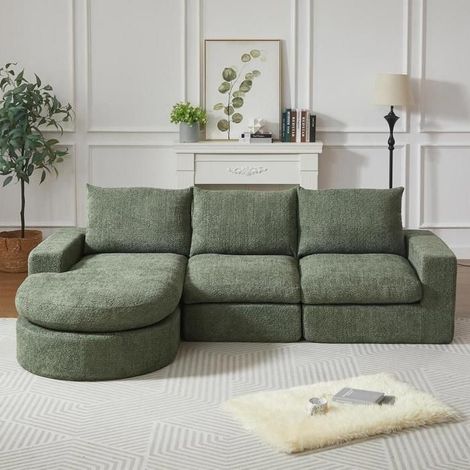 Canapé modulaire chenille, méridienne, sans cadre, appui-tête, mousse haute densité, fer, sans montage, 251x160x81cm, vert (1/5)