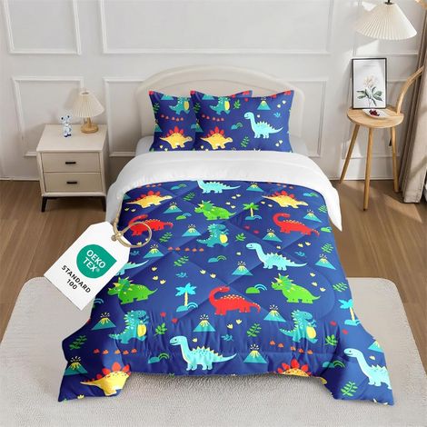 Bleue Dinosaure Couette Enfant sans Housse - Couette 120x150 cm + 1 Taie d'oreiller 40x60 cm - pour Bébé, Garçon - Parure De Lit Dinosaure/Arbres/Volcans - 100% Microfibre (1/5)