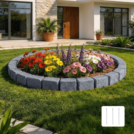 Bordure de Jardin Imitation Pierre 1,19 m Bordure de Parterre Aspect Pierre Plastique PE pour Pelouse Allée, Lot de 1, 6 Briques par Section 1190x155x100 mm, 3 Piquets, sans Creuser, Gris Grès (1/5)