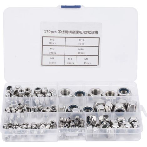 Lotto di 170 dadi esagonali autobloccanti in acciaio inox - assortimento