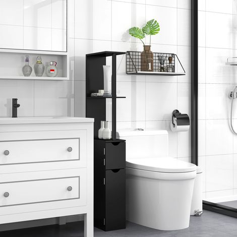 Noir - Armoire colonne de salle de bain gain de place avec 2 étagères et 2 placards en bois, pour salon, 15,2x29,8x118 cm (1/4)