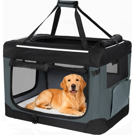 Sac de Transport pour Chien Pliable, Cage de Transport Chien Respirant et Portable 3 Portes, Bandes Réfléchissantes et Poche de Rangement, Usage Intérieur et Extérieur,Gris (1/5)