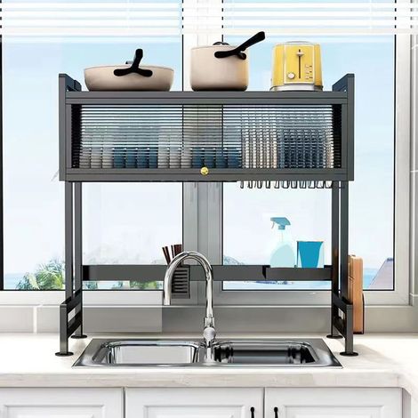 SJLERST Égouttoir à vaisselle au-dessus de l'évier avec couvercle anti-poussière, Étagère de rangement de cuisine en acier à 3 niveaux et support égouttoir à vaisselle pour fournitures de comptoir (1/5)