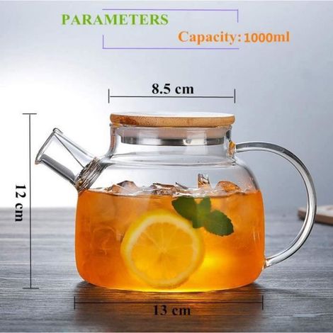 1 Théière Verre Borosilicate, Couvercle Bambou, Acier Inoxydable, 1000ml, Infusion Chaude Froide (1/3)