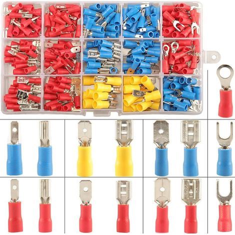 Cosses électriques isolées à sertir 280 PCS – Connecteurs ronds, plats femelles et fourches – Cuivre, PVC, fer blanc – AWG 22-10 (1/4)