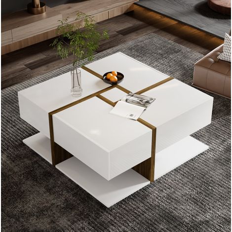 Mesa de centro cuadrada 78 x 78 x 34,8 cm con 4 cajones, estante inferior, blanco y madera (1/5)