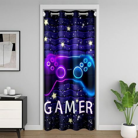 Rideau de porte de jeu pour jeunes garçons - Console de jeu - Violet et bleu fluo - Rideau de porte - Rideau de porte - 132 x 203 cm - Paillettes brillantes - Étoiles brillantes - Brique - Mur - Porte (1/5)