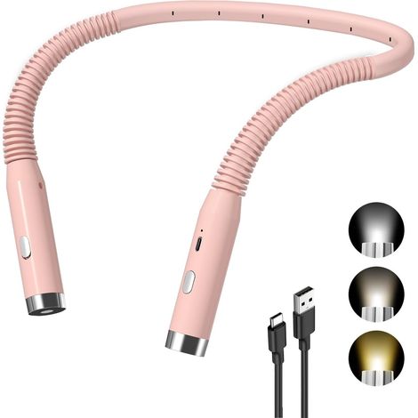 Lámpara de lectura recargable para el cuello, 3 colores y 3 niveles de brillo ajustables, plegable 360°, lámpara de lectura (rosa) (1/5)