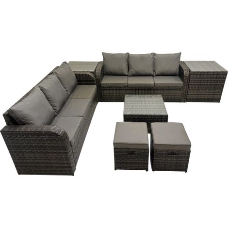 Fimous Rattan Garden Outdoor Furniture Set 3 Seater Sofa Square Coffee Table Set with 2 Side Tables 2 Small Stools Dark Grey Mixed (1/5)