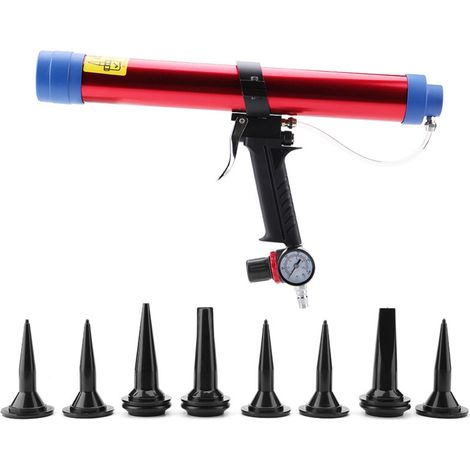 1/4 Pistolet à Cartouche Adaptable 300600ml(colle, mastic, silicone), Pistolet de Calfeutrage à Air Comprimé pour Verre, avec 8 Têtes de Calfeutrage