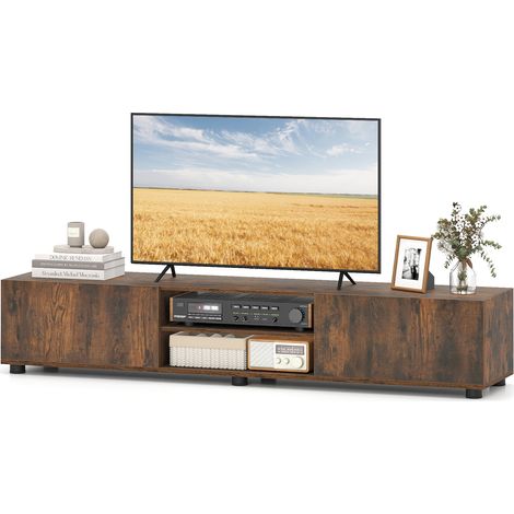 Meuble TV pour Télévision jusqu'à 70 Pouces, Console Multimédia avec 2 Portes et Étagères Ouvertes, 6 Pieds Stables, 160 x 35 x 30 cm, Marron (1/5)