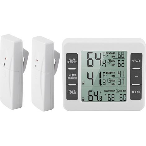 Thermomètre de Réfrigérateur, Thermomètre de Frigo Congelateur sans Fil avec 2 Capteurs, Alarme Sonore, Min/Max, Thermomètre In/Extérieur - Blanc (1/5)