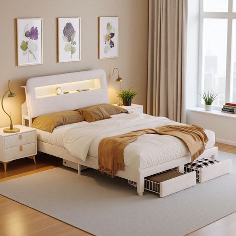 Letto per adulti 160x200 cm, 2 cassetti e LED, tessuto in velluto, bianco sporco (1/5)