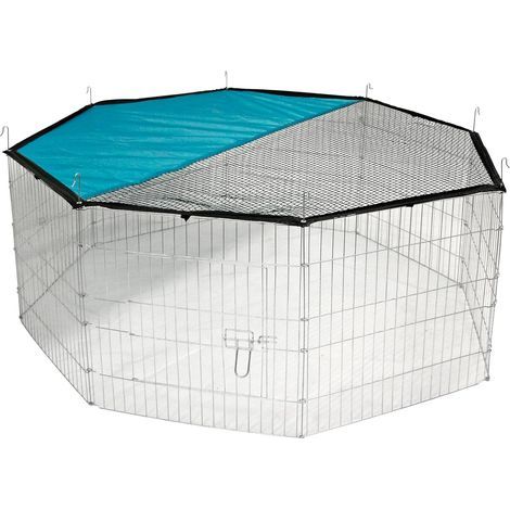 Outdoor Enclosure, 8 wire mesh panels, galvanized metal, with solar cover, for rabbits, guinea pigs (1/5)